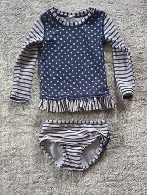 Ruffle Butts Navy & White Polka Dot and Stripe Rashguard Set Size 2T